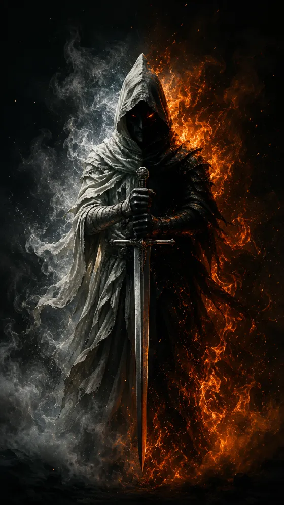 A hooded warrior holding a vertical sword between pale smoke and glowing orange flames in a dark fantasy phone wallpaper.