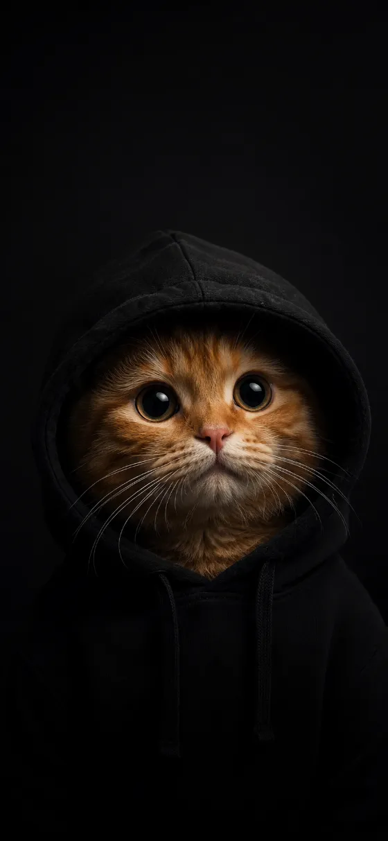 Ginger cat wearing a black hoodie on a dark background with glossy eyes and warm orange fur.
