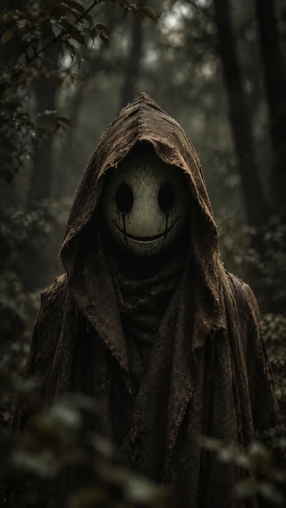 Hooded figure with a pale mask-like face and black eyes in a blurred dark woodland scene.