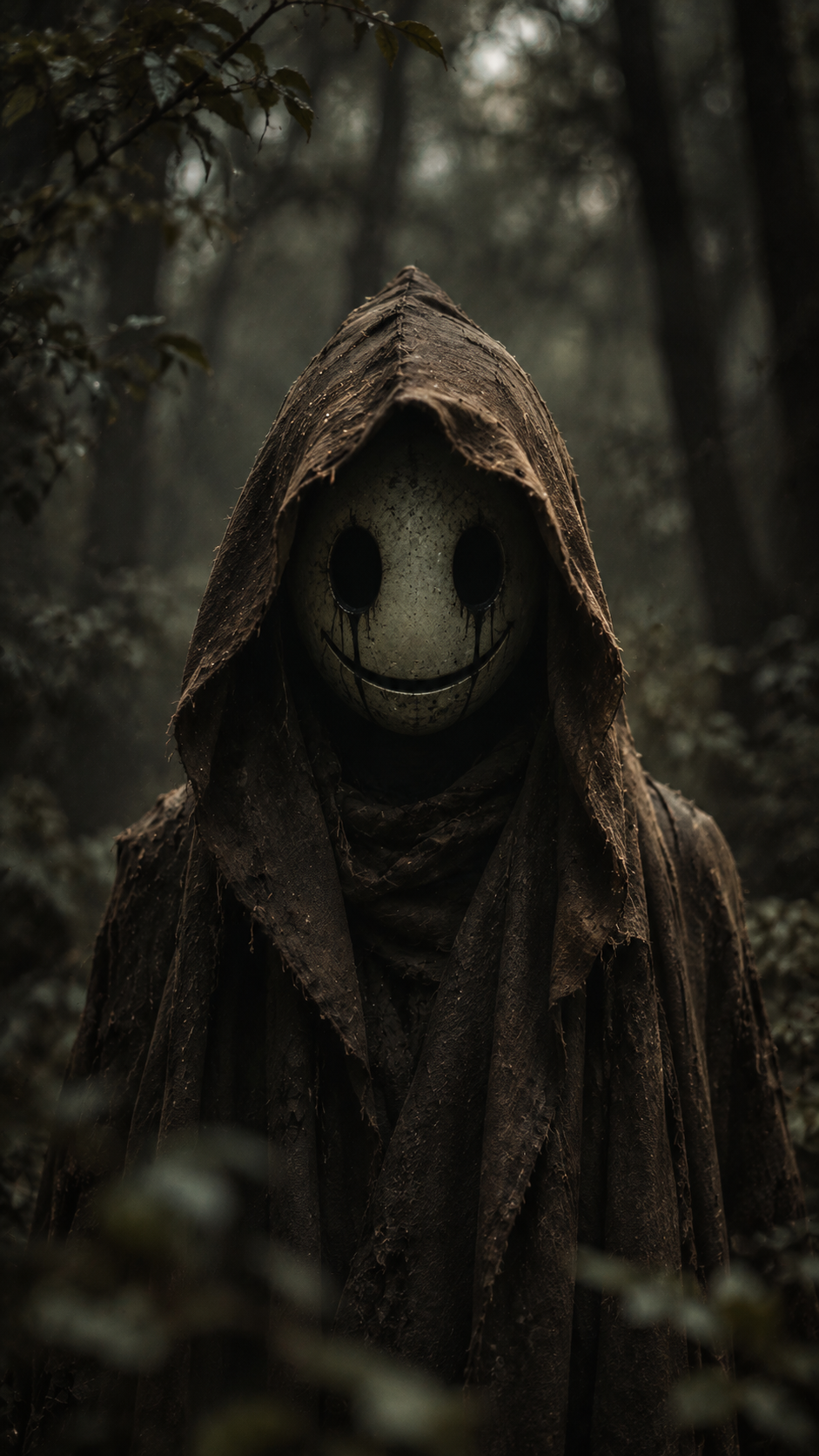 Hooded figure with a pale mask-like face and black eyes in a blurred dark woodland scene.