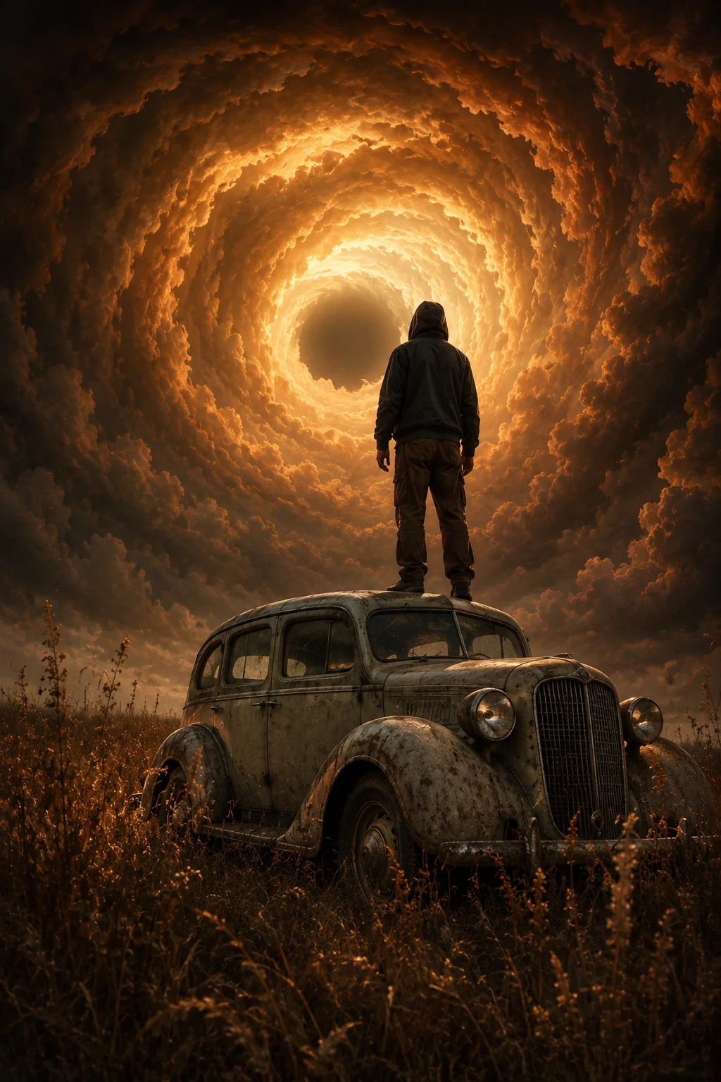 Hooded figure standing on a vintage car beneath a luminous spiral storm vortex in a dry field, cinematic surreal art.