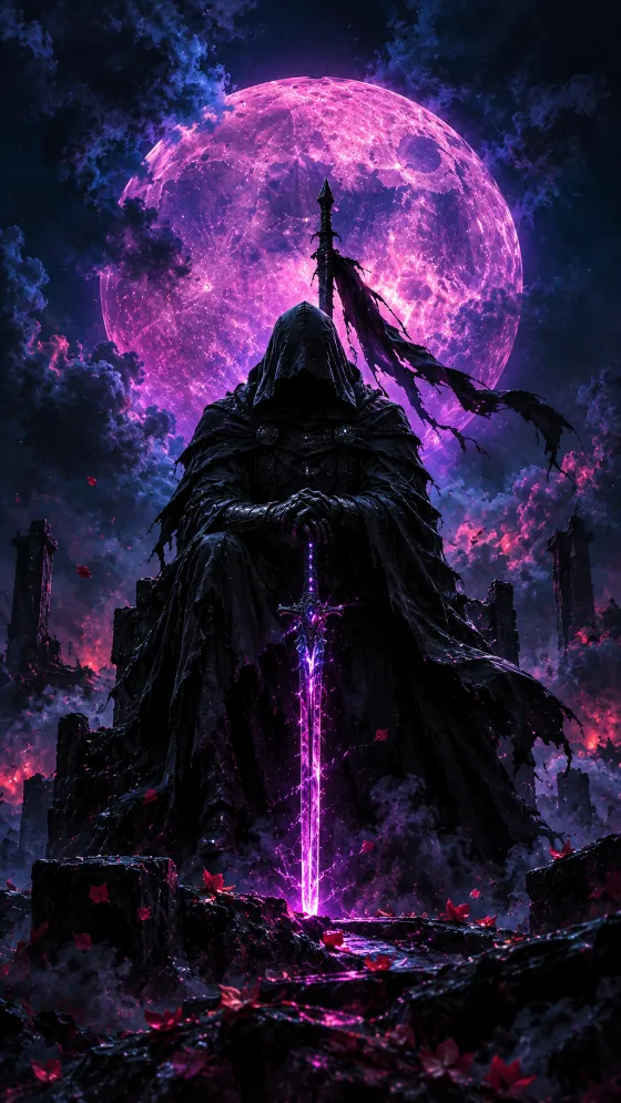 Hooded warrior silhouetted against a huge glowing violet moon with a luminous purple blade.