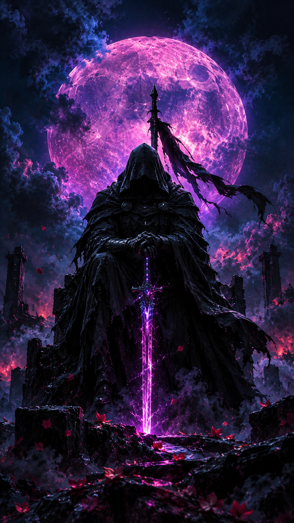 Hooded warrior silhouetted against a huge glowing violet moon with a luminous purple blade.