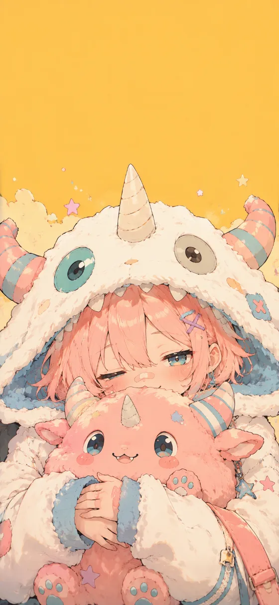 Pink-haired anime-style character wearing a fluffy white horned creature hood and hugging a sleepy pink plush against a mustard background.