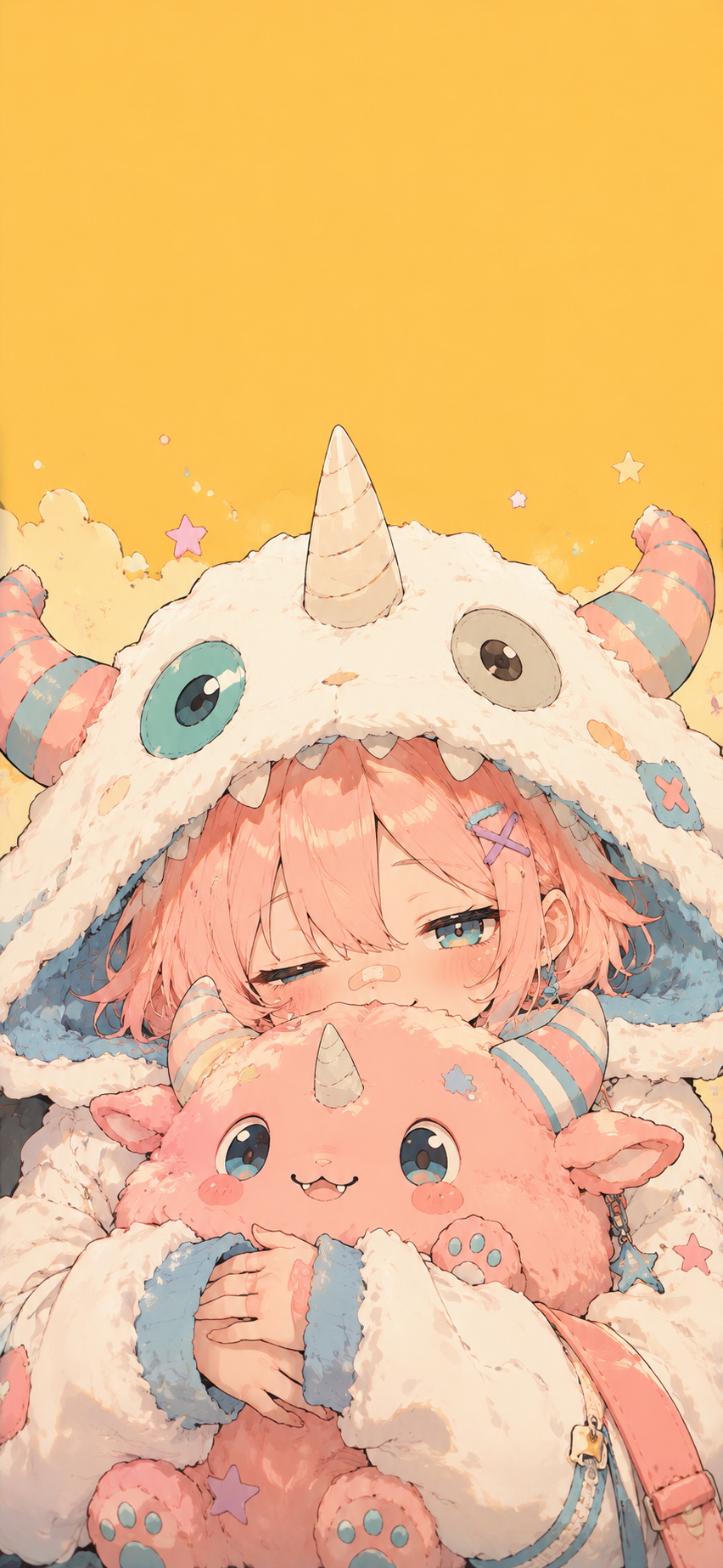Pink-haired anime-style character wearing a fluffy white horned creature hood and hugging a sleepy pink plush against a mustard background.