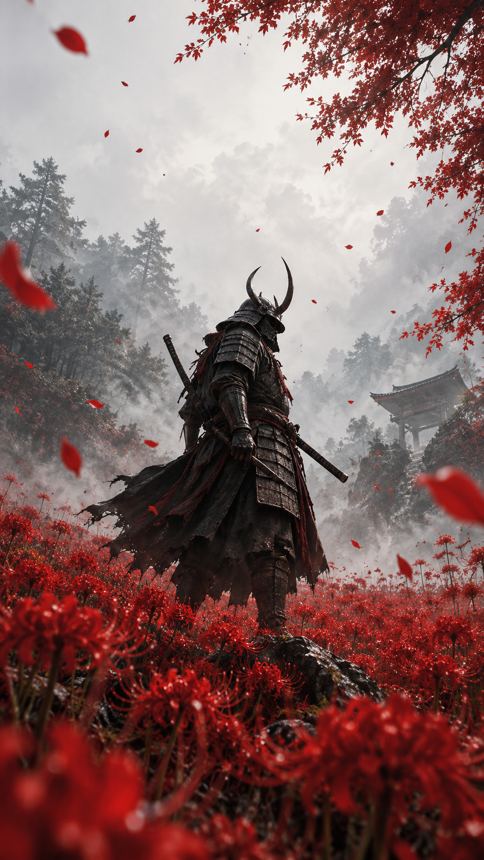 Fictional horned samurai in dark armor standing among crimson flowers in a misty forest.