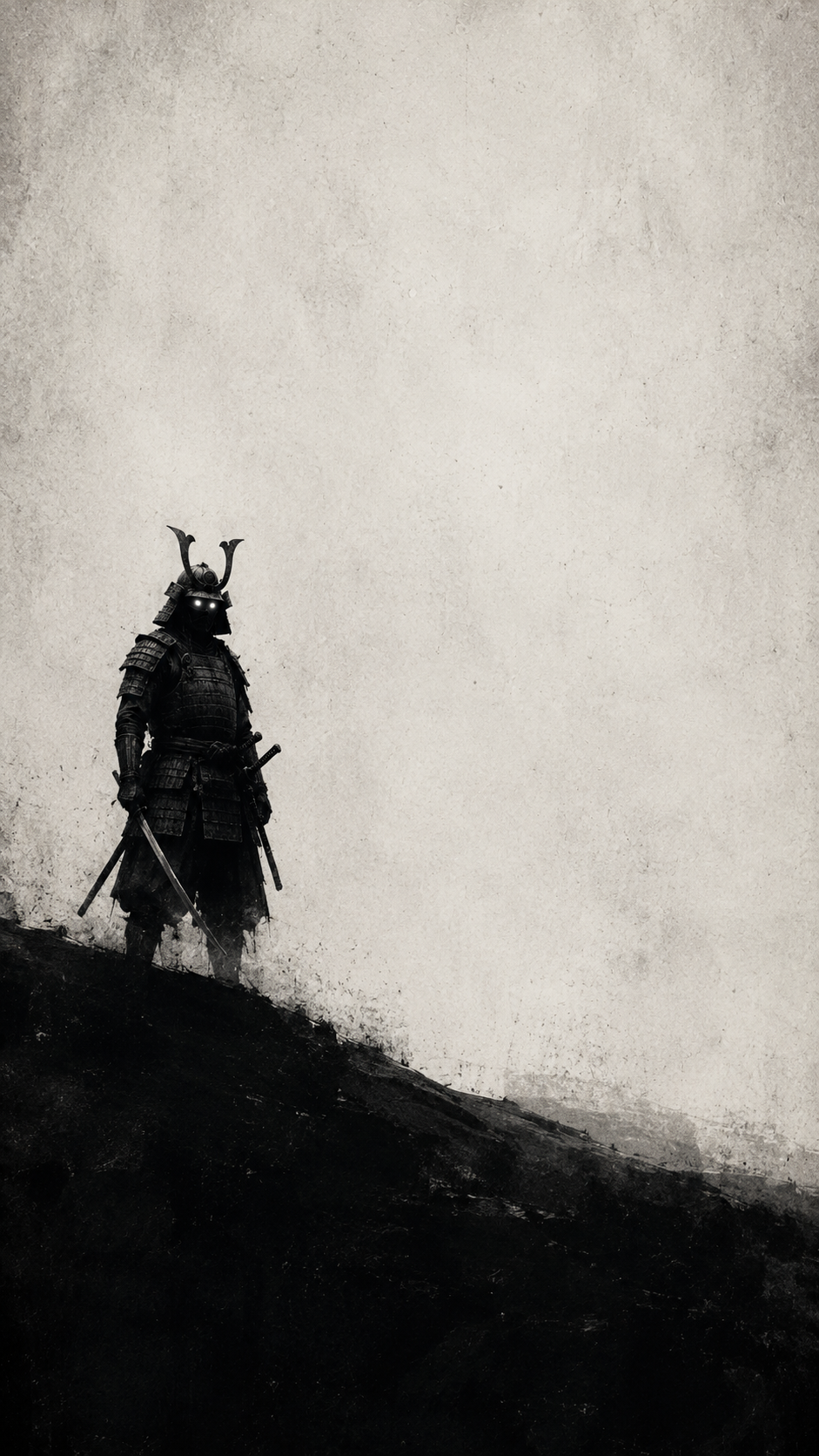 Dark horned samurai warrior standing on a sloping ridge against a pale gray textured background.