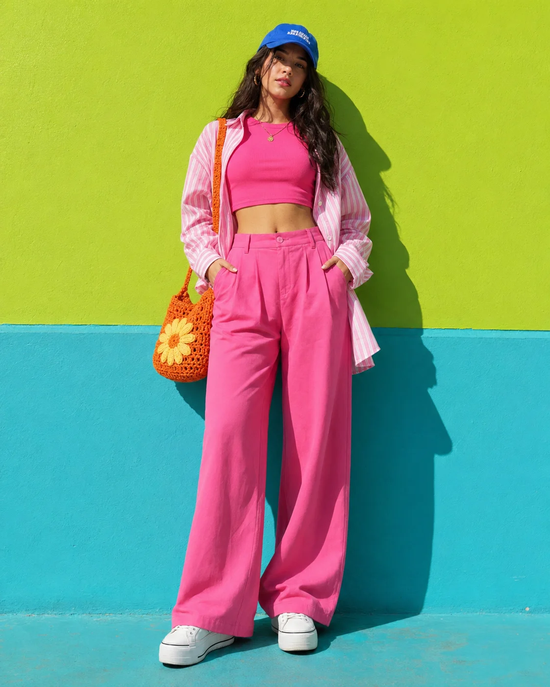 Full-body pink color-pop streetwear outfit with blue cap, striped shirt, orange crochet flower bag, and white sneakers.