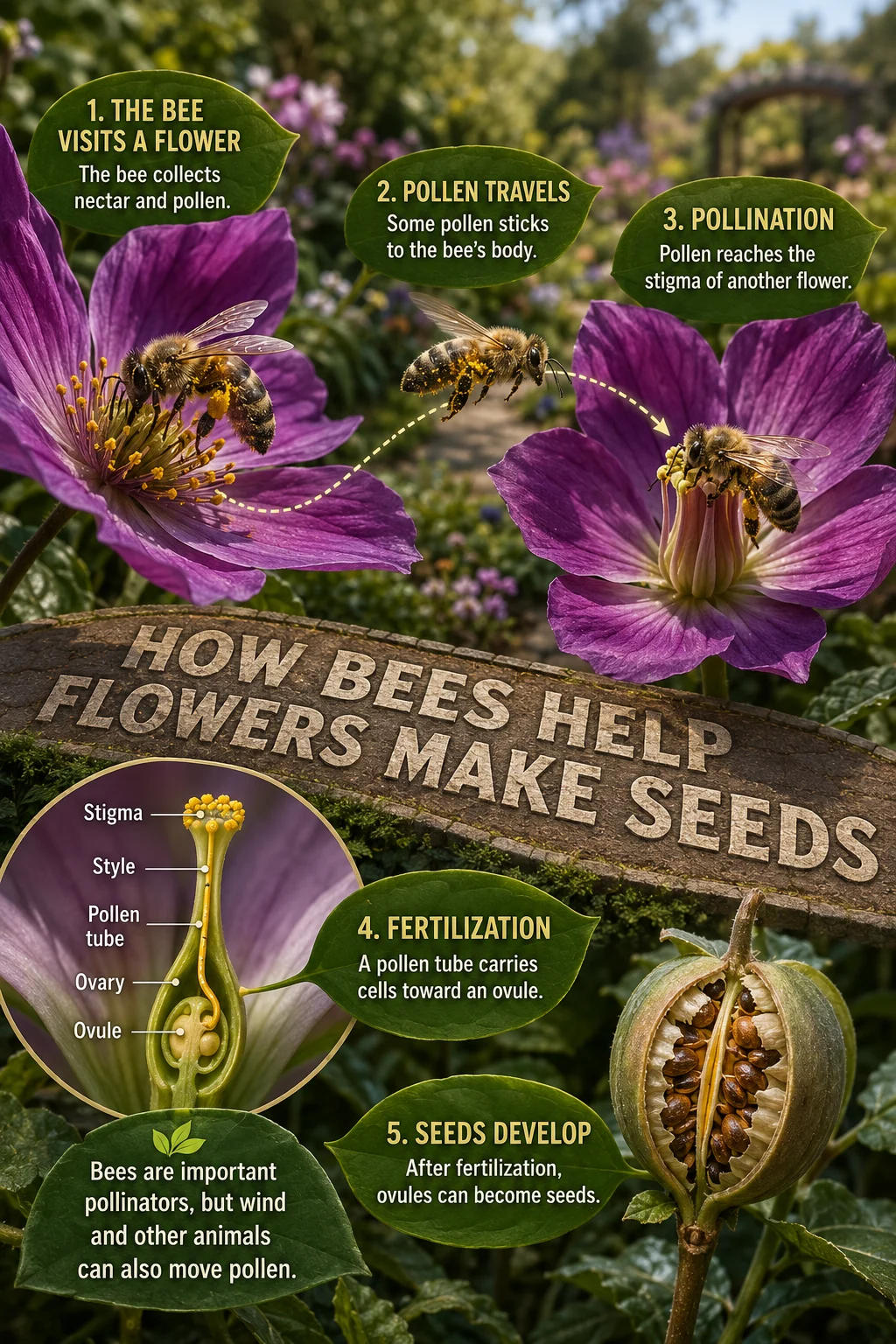 Educational pollination poster with a bee, two matching flowers, a pollen-tube cutaway, and seeds developing inside fruit.