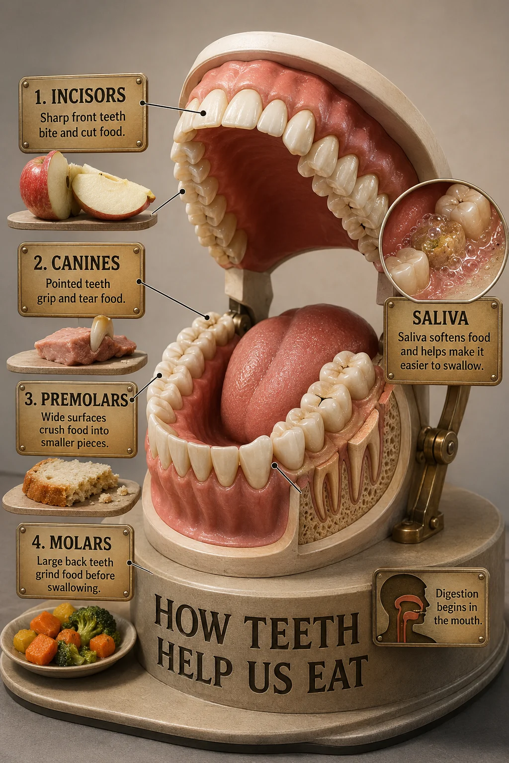 Educational teeth poster with a dental model, tooth-type labels, food examples, and a saliva inset explaining early digestion.