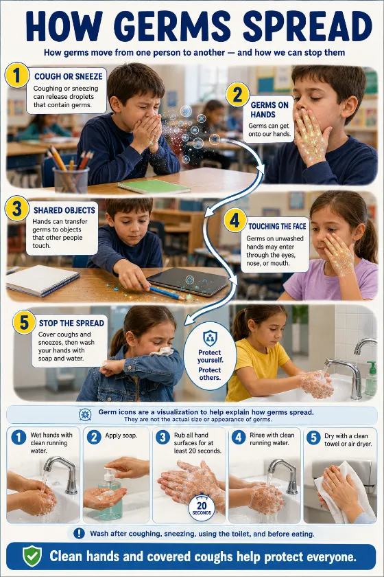 Educational poster showing children, germ icons, arrows, cough etiquette, and a five-panel handwashing sequence.