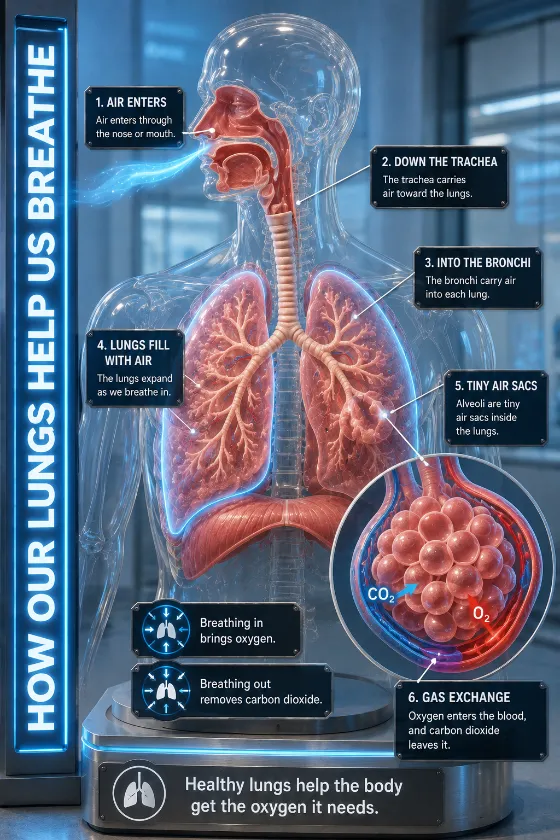 Educational lung poster with a chest model, airway labels, alveoli inset, and simple gas exchange explanation.