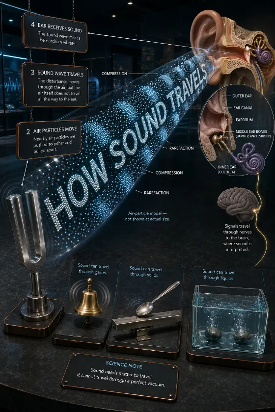 Educational sound poster with a tuning fork, air-particle model, ear anatomy, and small examples showing sound traveling through gas, solid, and liquid.