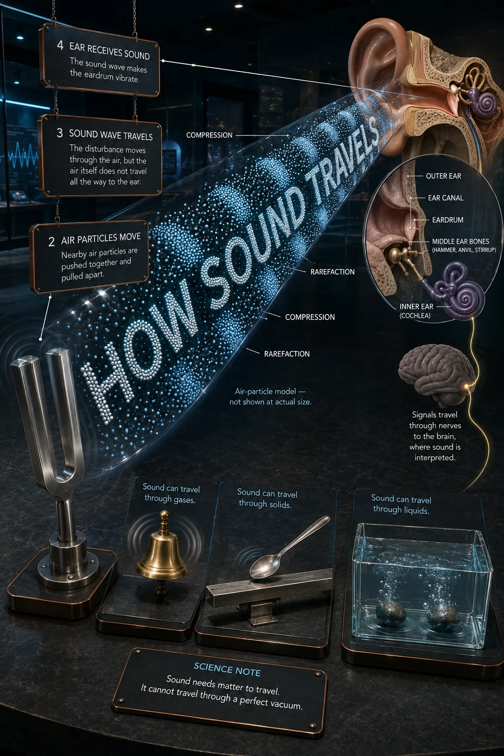 Educational sound poster with a tuning fork, air-particle model, ear anatomy, and small examples showing sound traveling through gas, solid, and liquid.