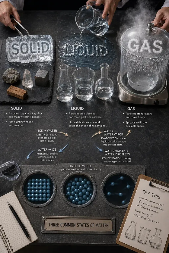 Educational states of matter poster with ice, water containers, gas demonstration chamber, particle models, and a triangular change-of-state path.