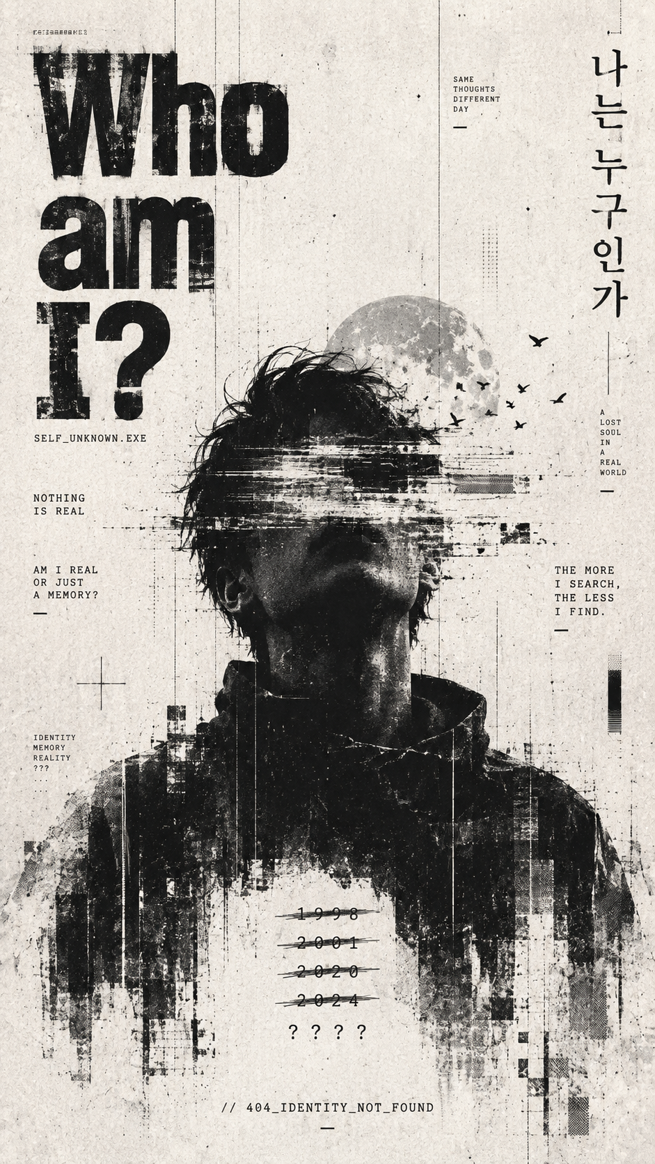 Monochrome identity-themed lock screen wallpaper with an obscured portrait and distressed glitch typography.