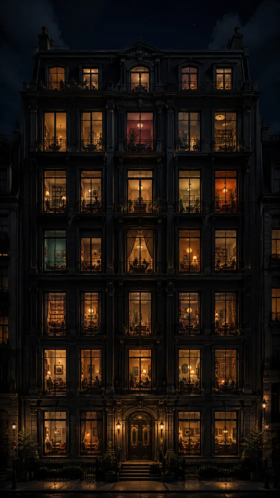 Tall dark residential building at night with many warm illuminated apartment windows and visible cozy interiors.