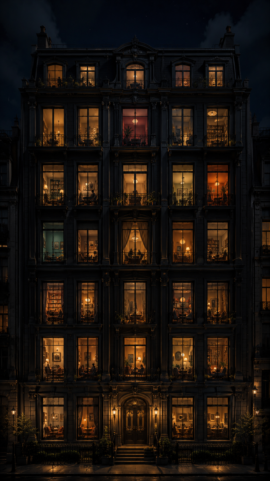 Tall dark residential building at night with many warm illuminated apartment windows and visible cozy interiors.