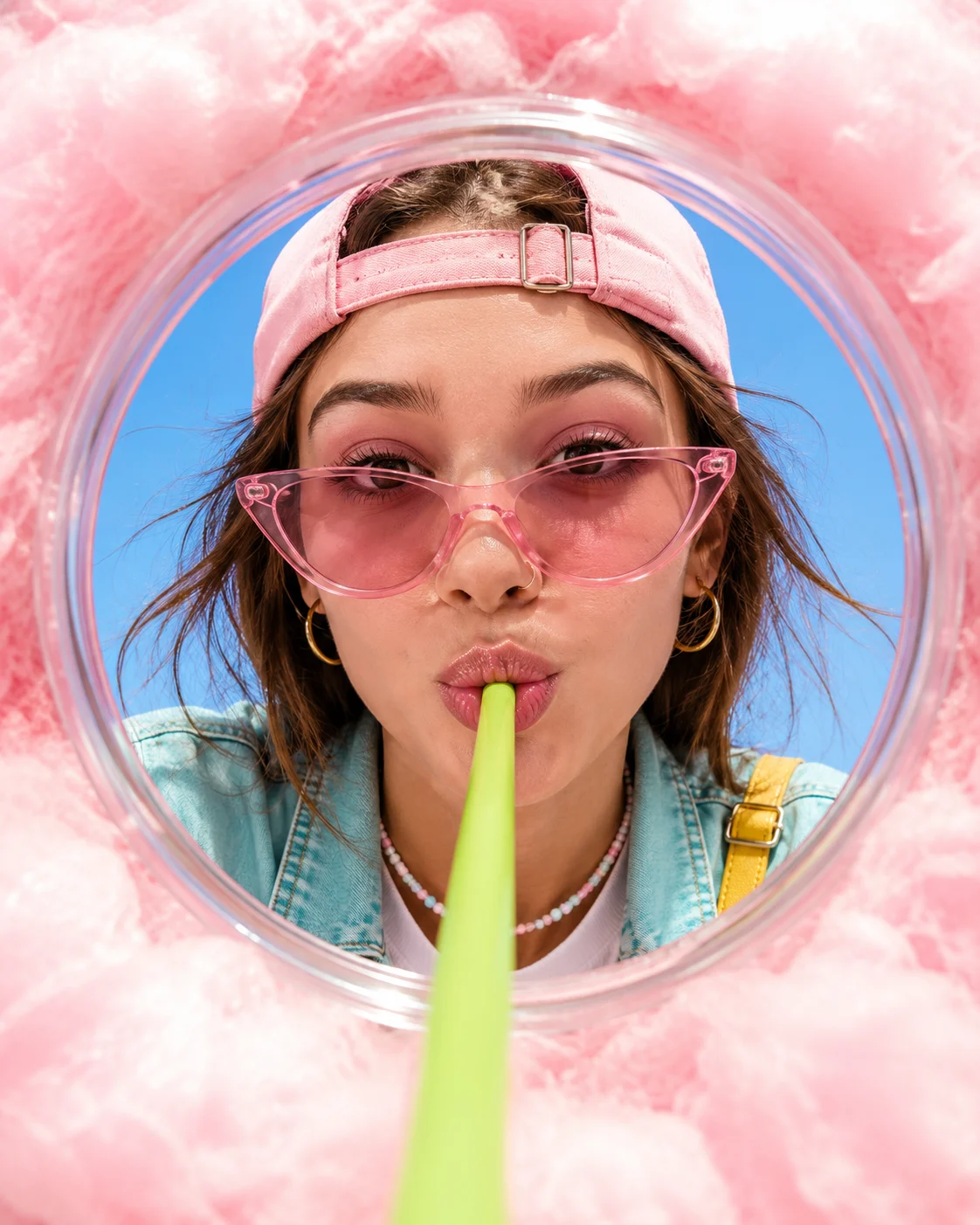 Close-up editorial portrait of a fashion subject framed by pink cotton candy while sipping through a green beneath a blue sky.