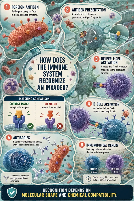 Educational immune recognition poster showing antigen presentation, helper T-cell activation, B-cell support, antibody binding, and immunological memory.