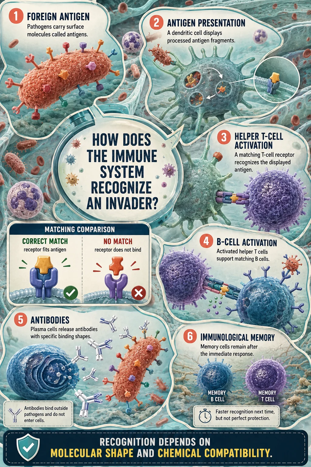 Educational immune recognition poster showing antigen presentation, helper T-cell activation, B-cell support, antibody binding, and immunological memory.