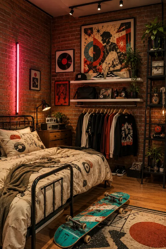 Creative industrial bedroom with brick walls, black metal bed, graphic bedding, clothing display, neon light and turquoise skateboard.