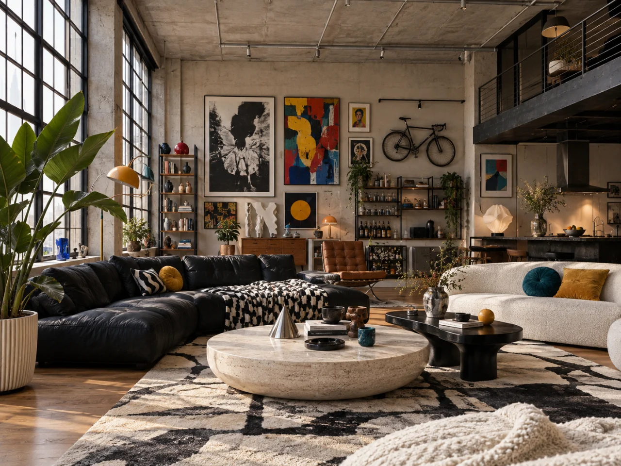 Industrial loft living room with black and cream sofas, round stone table, graphic rug, plants, artwork, bicycle, and exposed concrete.