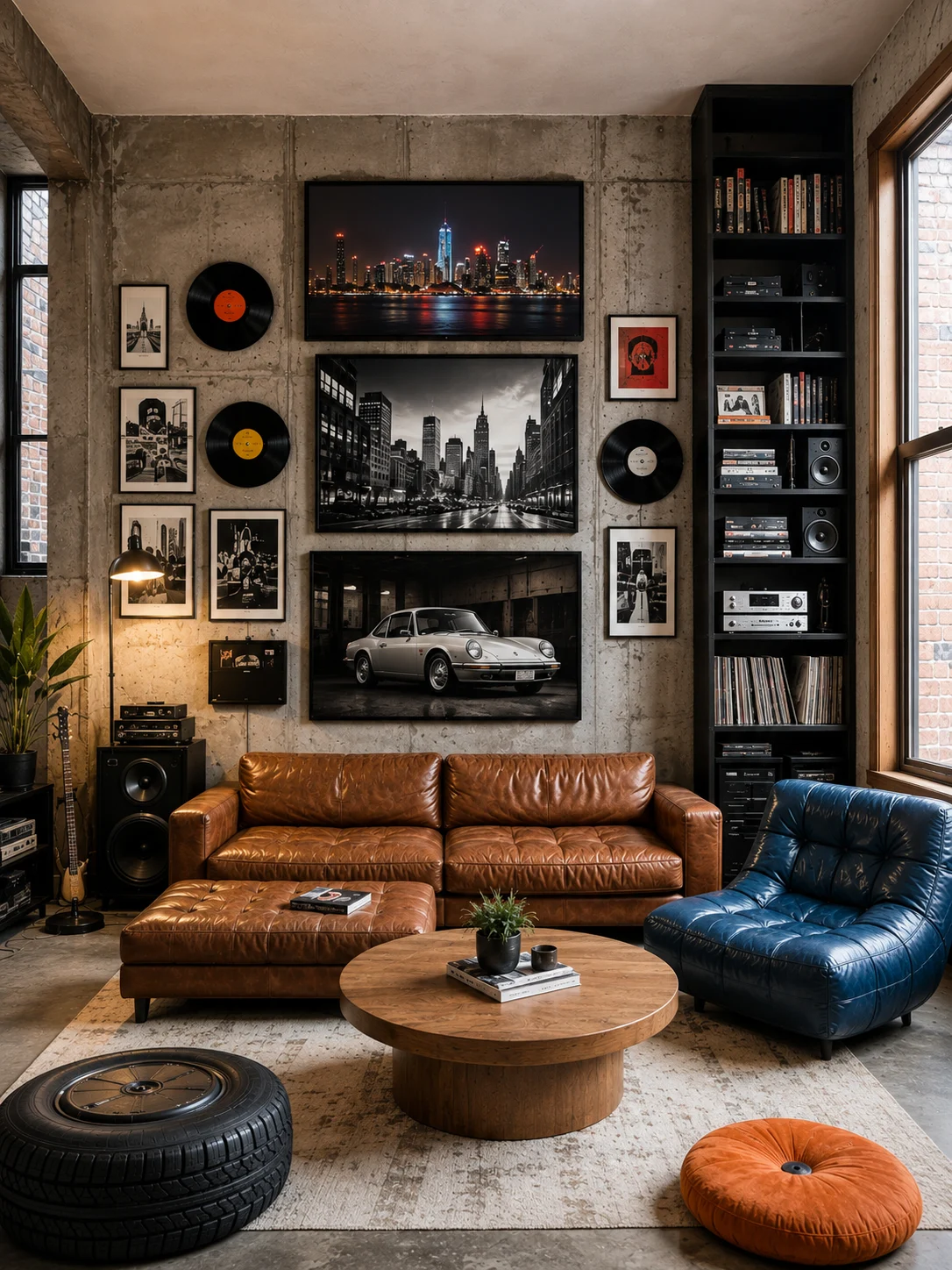 Industrial lounge with caramel leather sofa, blue chair, concrete display wall, vinyl records, automotive imagery, dark bookcase, and warm lighting.