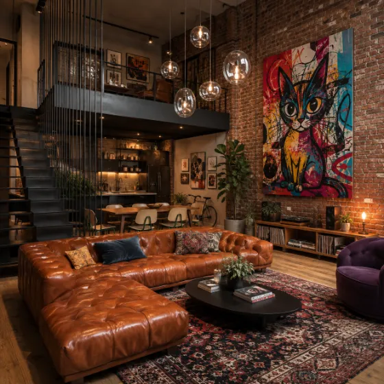 Industrial loft living room with exposed brick, cognac leather sectional, colorful cat artwork, glass pendants, and warm wood floor.