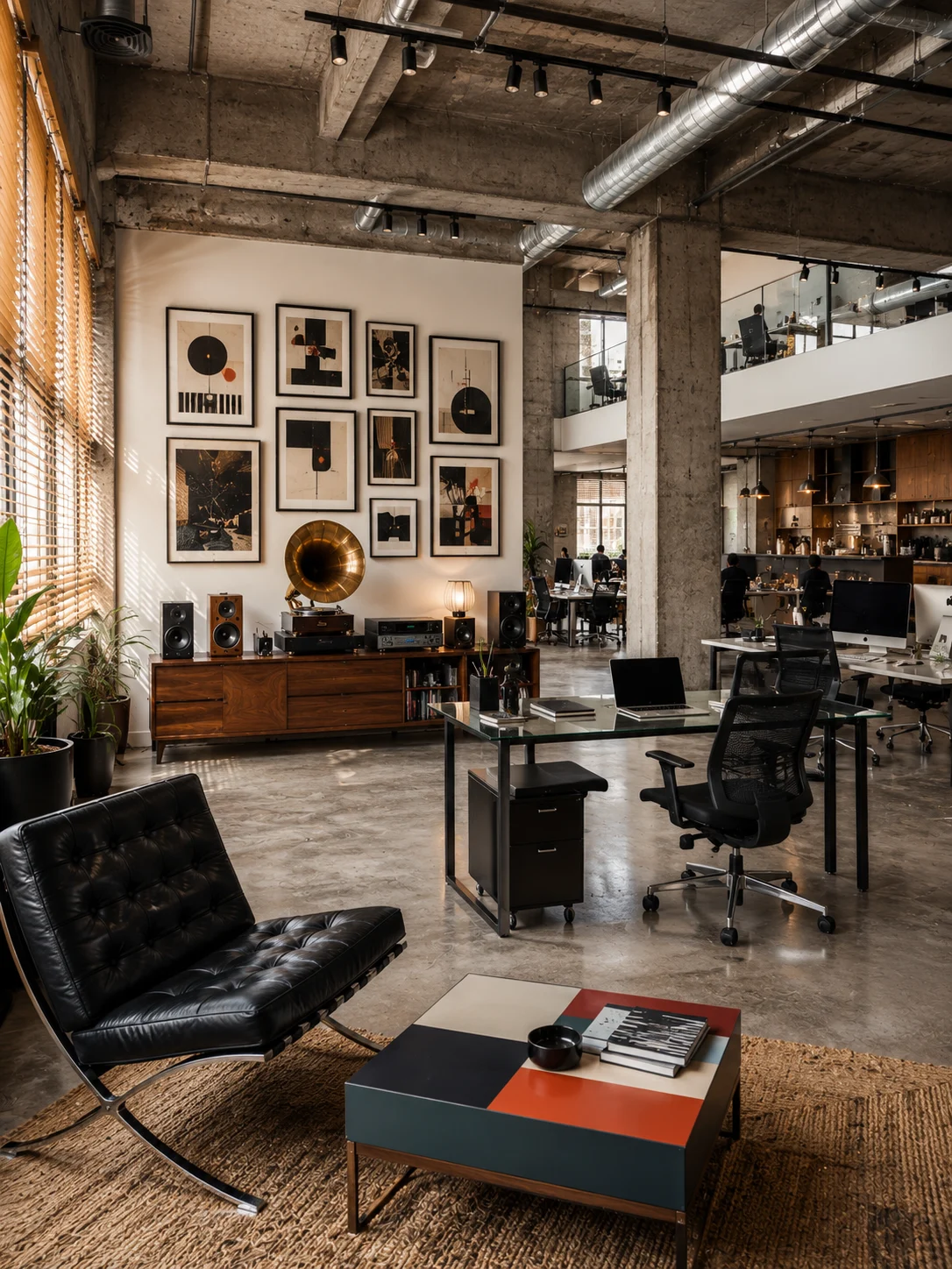 Creative office interior with exposed concrete, wood blinds, gallery wall, glass workstations, walnut console, and lounge area.