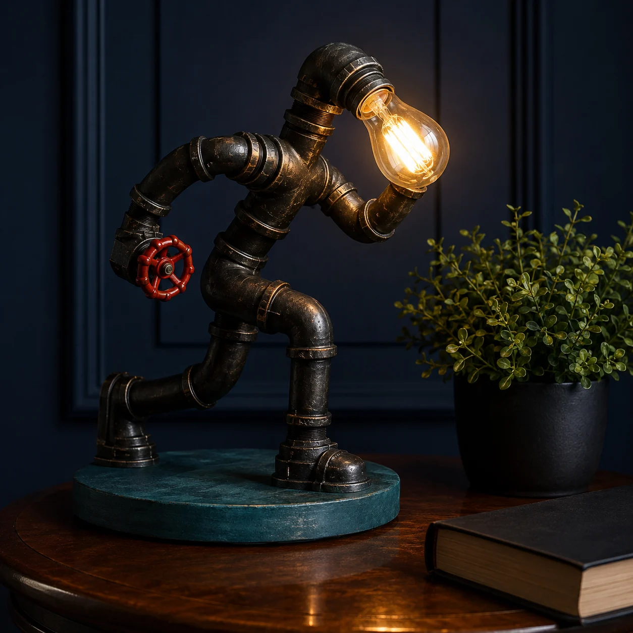 Running figure lamp made from black pipe joints with warm bulb head and red valve accent on a wooden table.