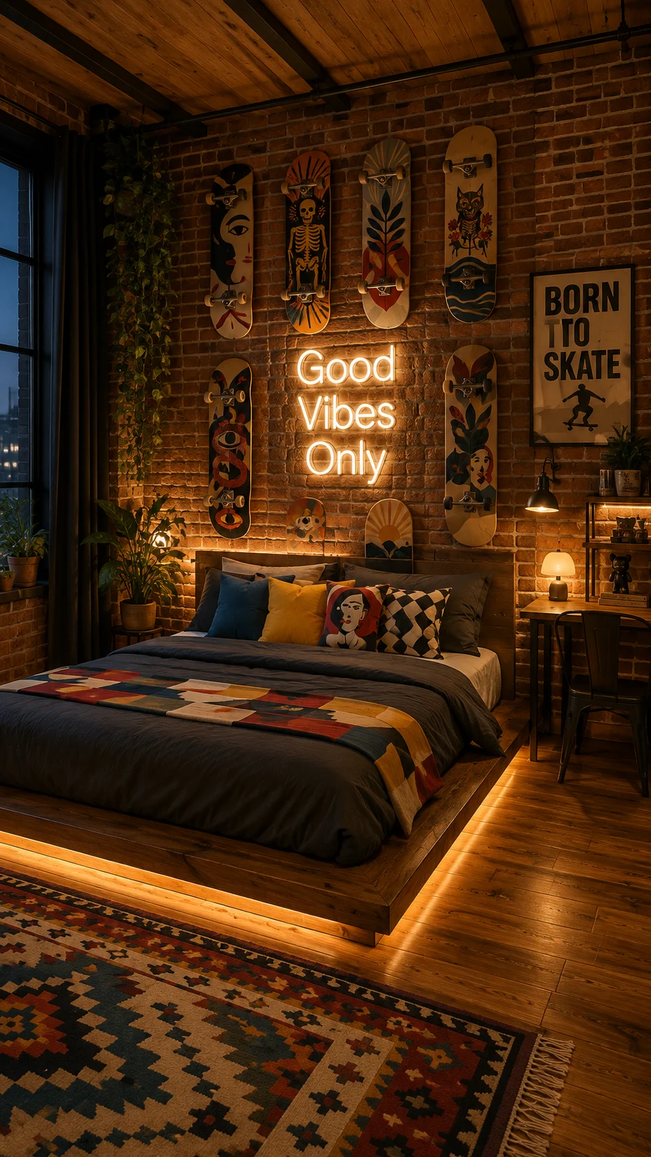 Bedroom with exposed brick, mounted skateboards, wooden platform bed, neon sign, plants, and colorful bedding.
