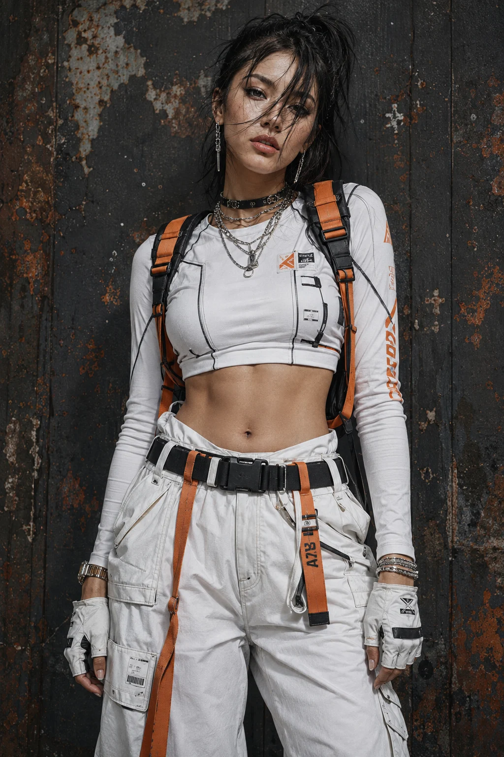 Woman in white technical streetwear with orange harness straps and silver chains standing against a rusted metal wall.