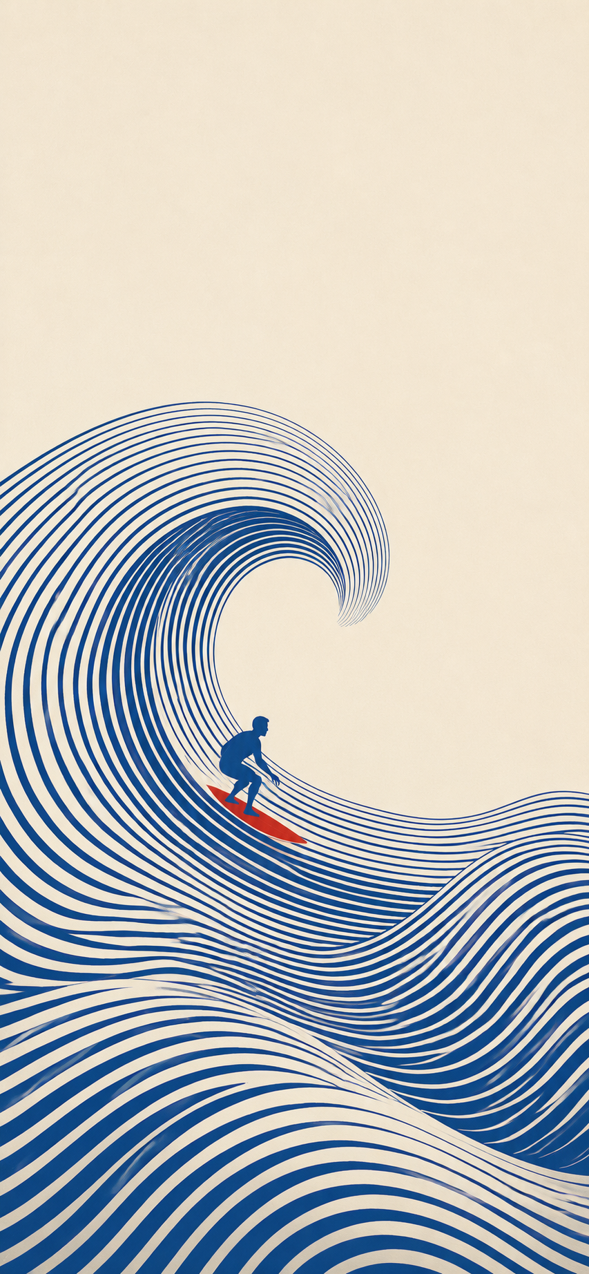 Minimal abstract surfing wallpaper with cobalt contour waves and a crimson surfboard on an ivory background.