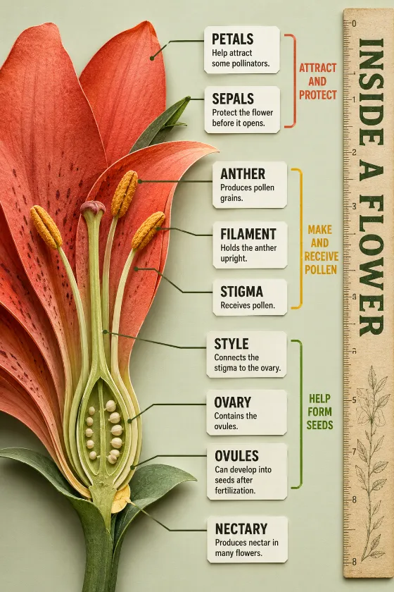 Educational flower diagram with a layered paper model, cutaway structures, right-side labels, grouping brackets, and a vertical title ruler.