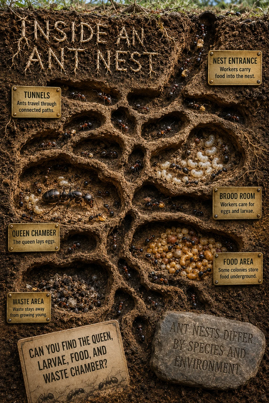 Educational ant-colony cutaway with layered soil, roots, worker ants, queen, larvae, food area, entrance, tunnels, and separated waste chamber.