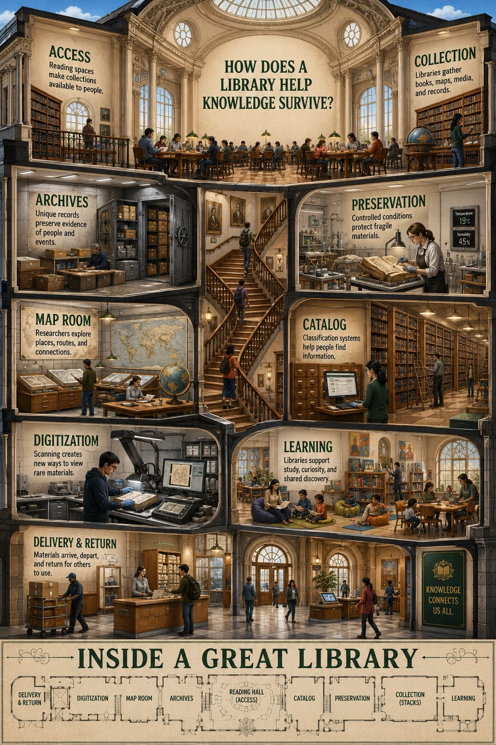 Architectural cutaway of a great library with reading halls, archives, book stacks, conservation, scanning, cataloging, children's learning, and public service areas.