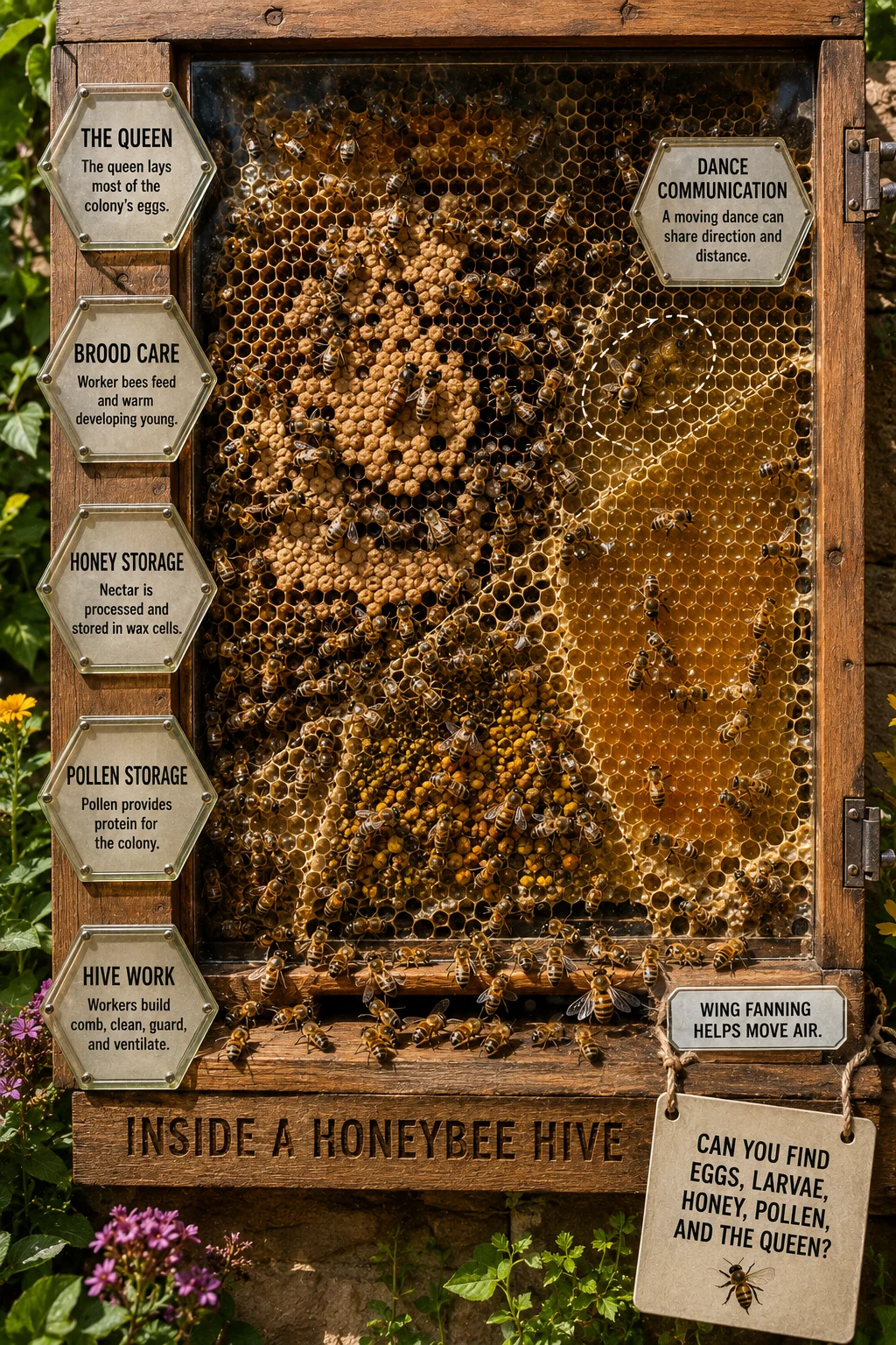 Educational honeybee observation hive with brood, honey, pollen, queen, worker tasks, waggle dance, ventilation, and five large labels.