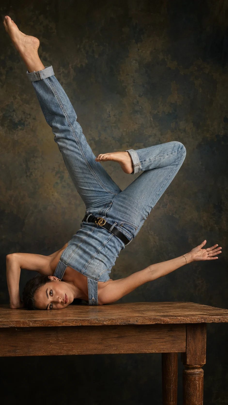 Young woman in light denim outfit balancing upside down over a wooden table, bare feet raised, hand extended, dark textured studio background.