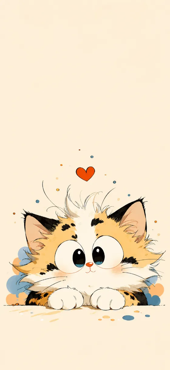 Cute hand-drawn calico cat with oversized eyes on a warm cream iPhone wallpaper background with orange and blue accents.
