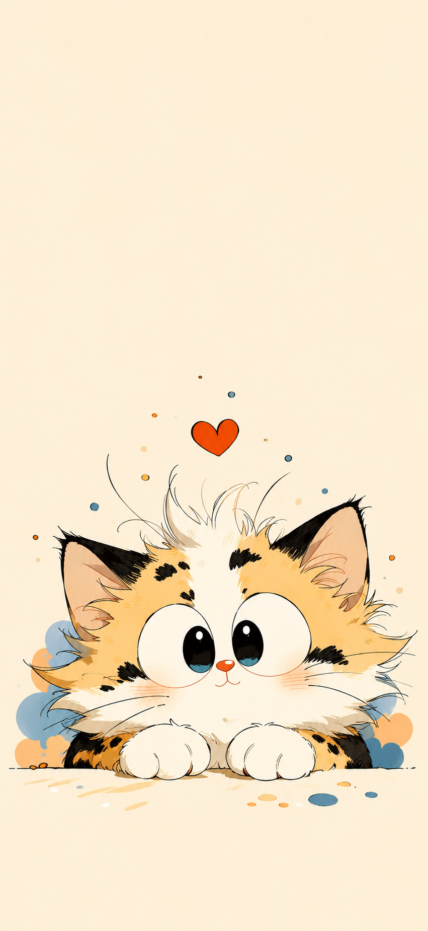 Cute hand-drawn calico cat with oversized eyes on a warm cream iPhone wallpaper background with orange and blue accents.