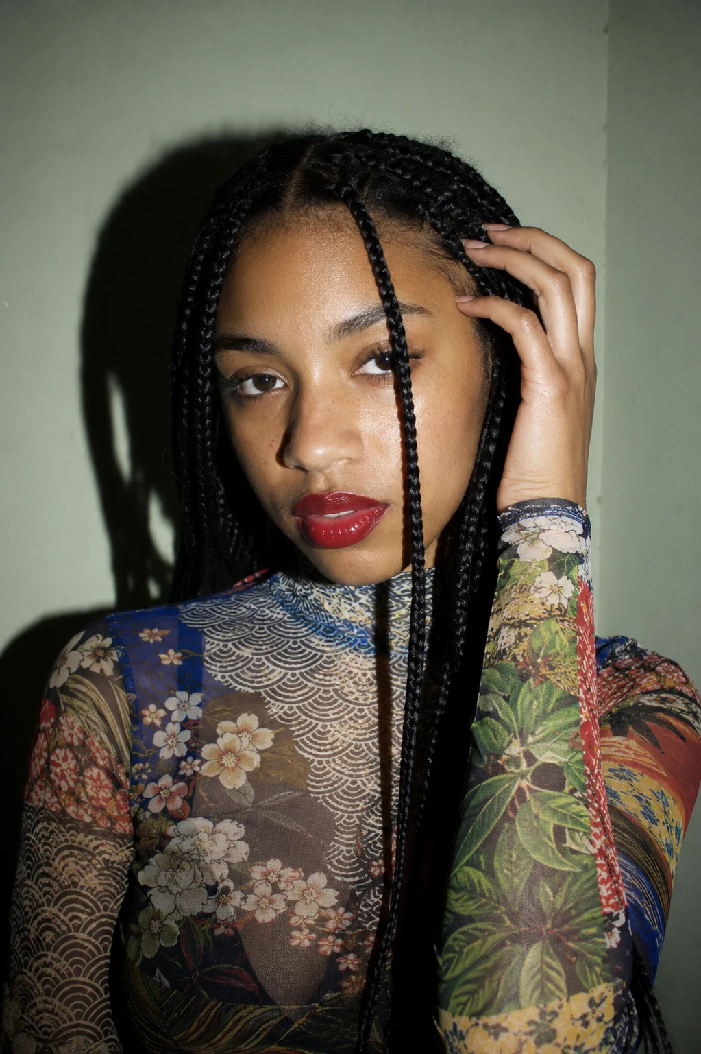 Close fashion portrait with braids, glossy red lips, hard flash shadow, and patterned mesh top.