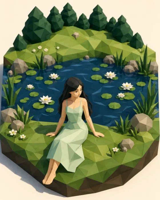 Isometric low-poly illustration of a seated figure beside a lily pond with faceted grass and white water lilies.