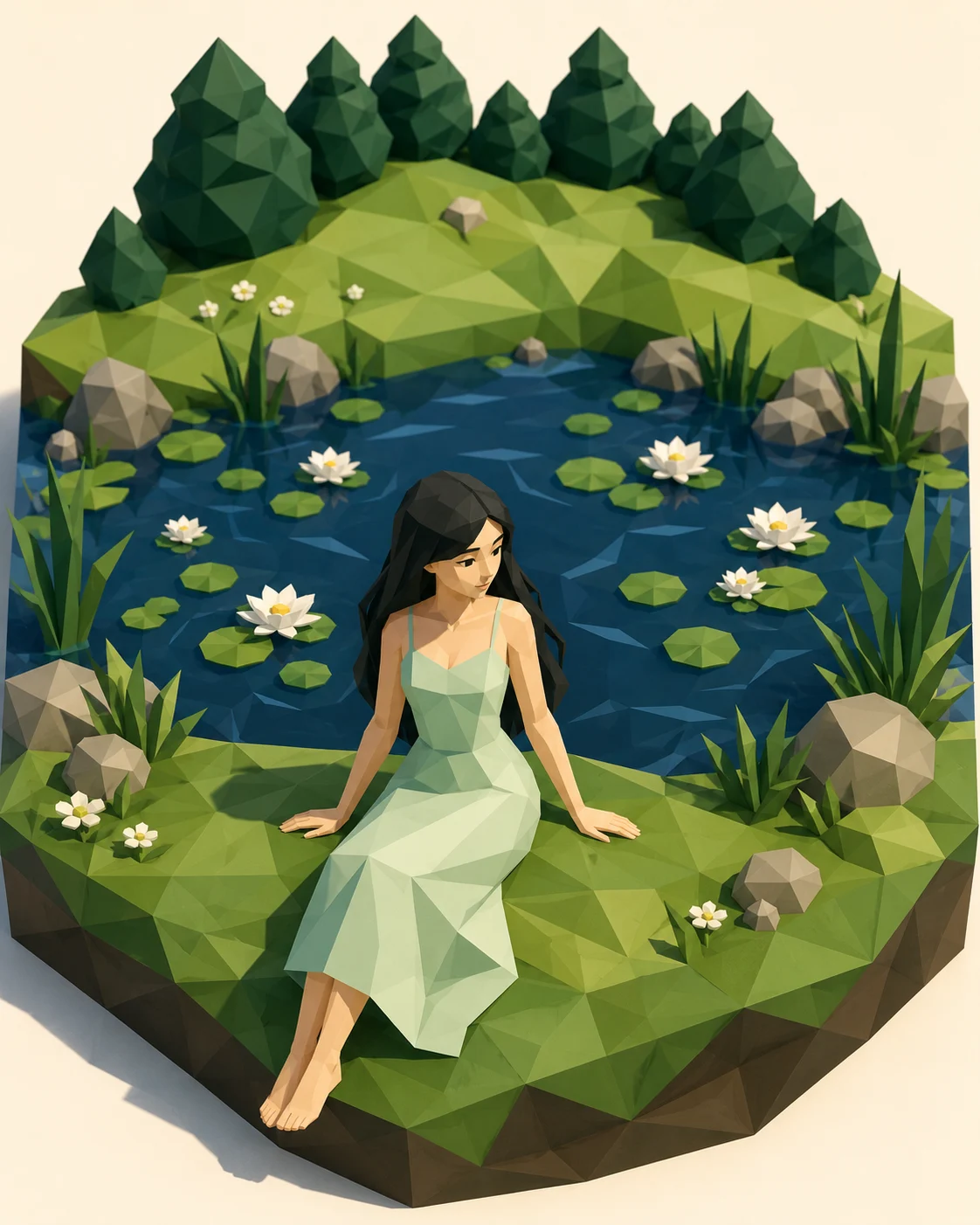Isometric low-poly illustration of a seated figure beside a lily pond with faceted grass and white water lilies.