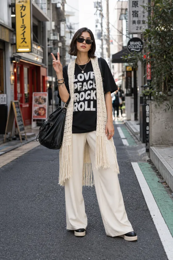 Street-style fashion portrait of a young Italian fashion subject wearing a black graphic tee, cream fringed knit layer, and cream wide-leg trousers.