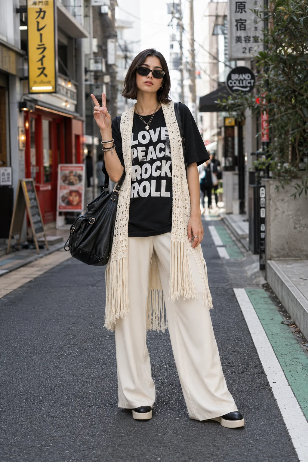 Street-style fashion portrait of a young Italian fashion subject wearing a black graphic tee, cream fringed knit layer, and cream wide-leg trousers.