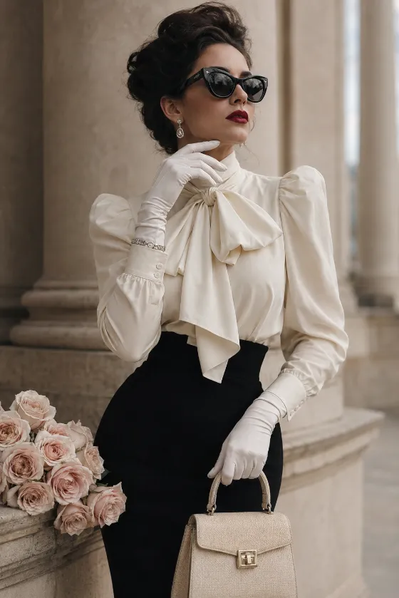 Ivory bow blouse outfit with white gloves, black skirt, sunglasses, cream handbag, and blush roses.