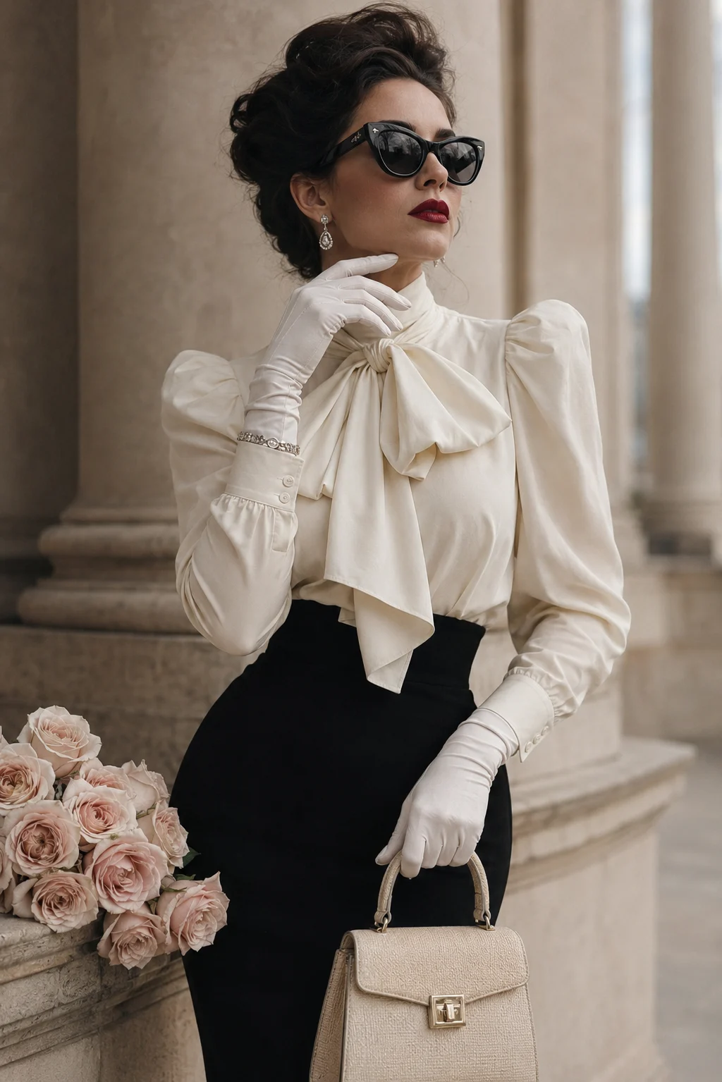 Ivory bow blouse outfit with white gloves, black skirt, sunglasses, cream handbag, and blush roses.