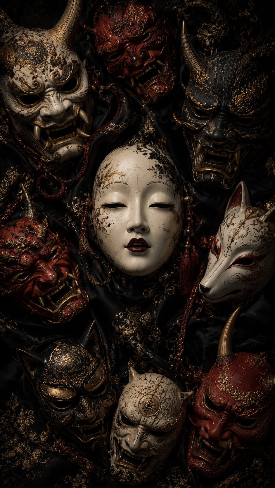 Ornate ivory female mask surrounded by red, black, and gold theatrical masks on embroidered black fabric.