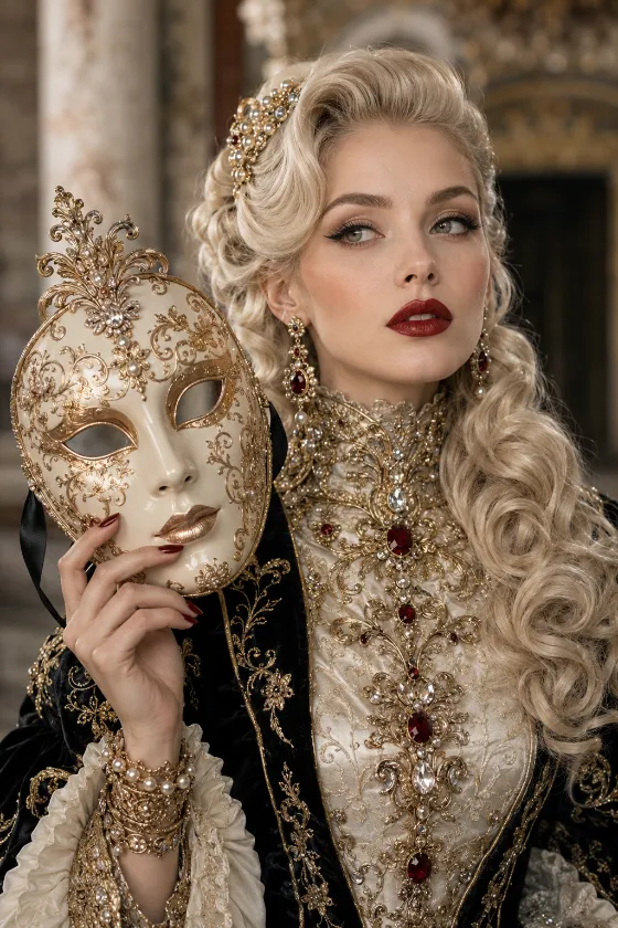 Adult woman in ivory-and-gold Baroque couture holding an ornate Venetian mask in a softly lit palace portrait.
